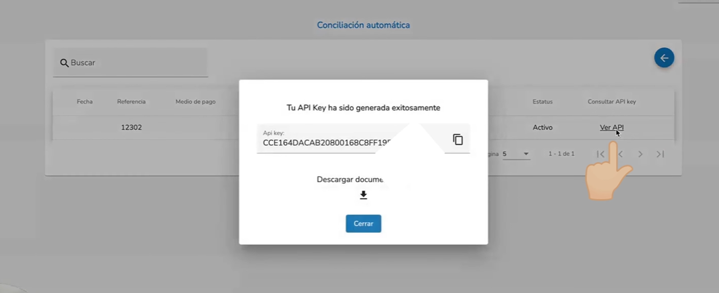 BDV Listado de conciliaciones automáticas y API KEY